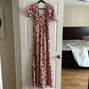 Paco Rabanne Ruffled floral-print satin maxi dress